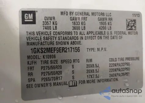 2014 GMC Yukon Xl 1500 Denali z USA, uszkodzony, nr VIN 1GKS2MEF9ER217156
